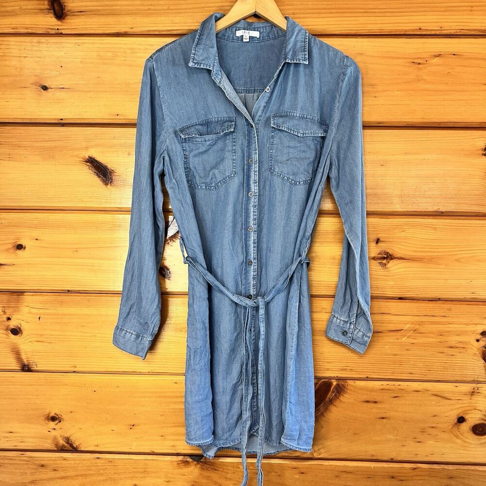 Cute Iris Women's Denim Longsleeve Collared Belted Shirt Dress L